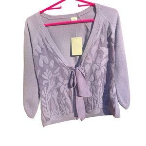 Anthropologie Wool & Silk Burnout Tie Front Cardigan Floral Sheer Panels Size M